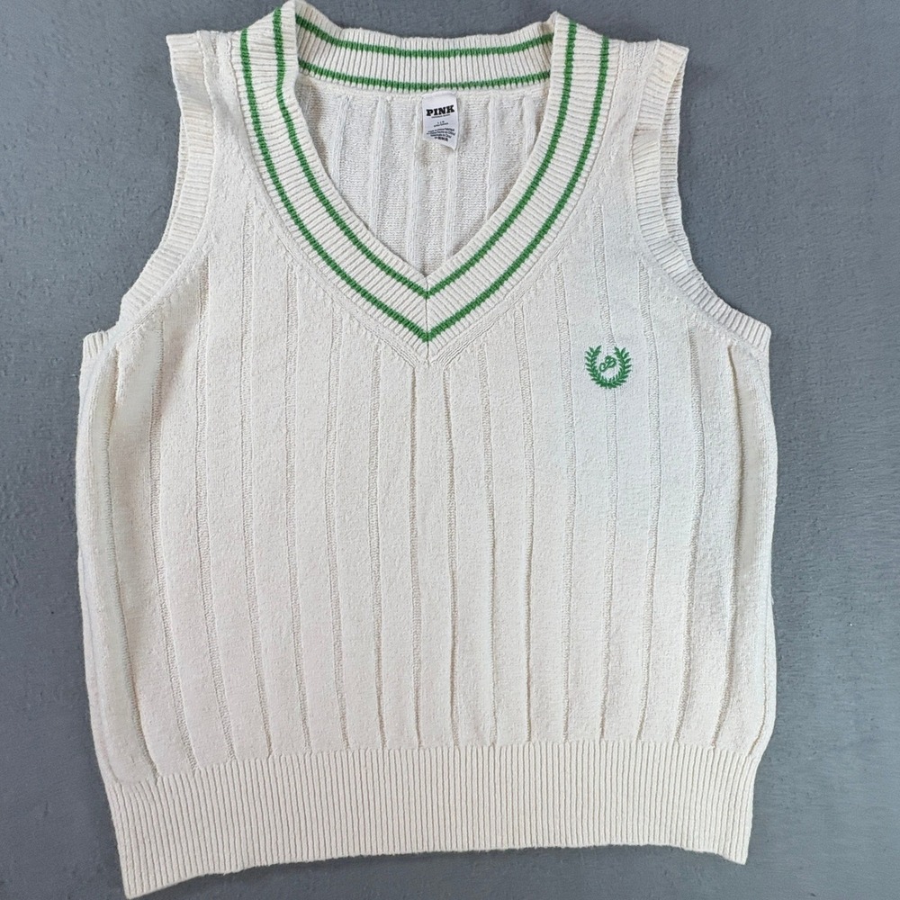 Victorias Secret PINK Sweater Vest Cream Green Varsity Stripe Preppy Crest Large